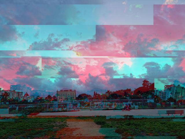 front of zisa park at dusk, glitched