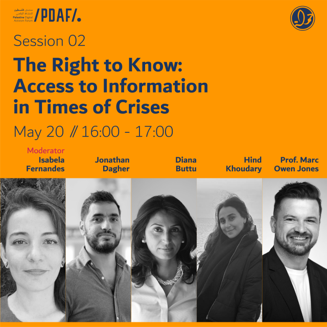 Session 02 "The Right to Know: Access to Information in Times of Crises" + Headshots of the panelists: Isabela Fernandes, Jonathan Dagher, Diana Buttu, Hind Khoudary, Prof. Marc Owen Jones