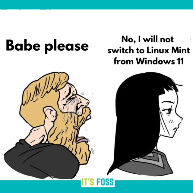 A man says, "Babe please".

The woman replies, "No, I will not switch to Linux Mint from Windows 11".
