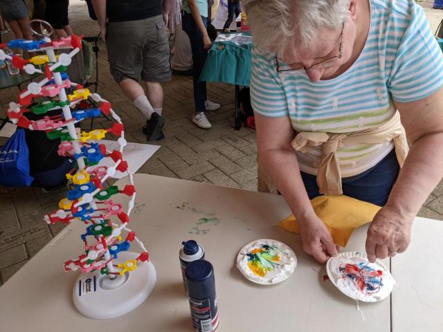 Table with DNA duplex model and an elderly person doing a coloring activity