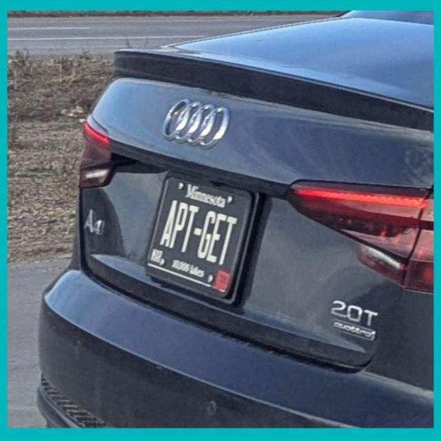 There is a photo that shows a Minnesota vanity plate on an Audi A4 with the following written: APT-GET.