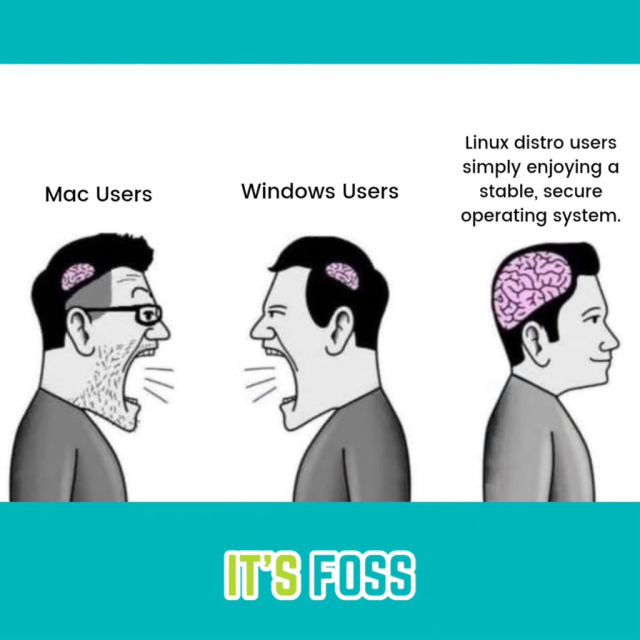 There are three people here, two of them, Mac users and Windows users are arguing with each other, both have tiny brains.

The third person is a Linux distro user with a big brain, with the following written on his head: Linux distro users simply enjoying a stable, secure operating system.