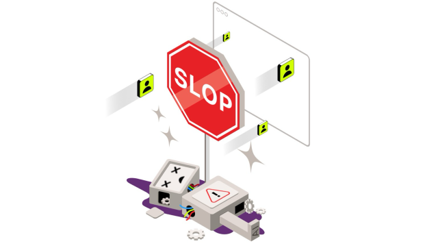 A dead bot lies next to a SLOP sign, marking the spot where a creepy AI crawler was prevented from scraping content without consent.