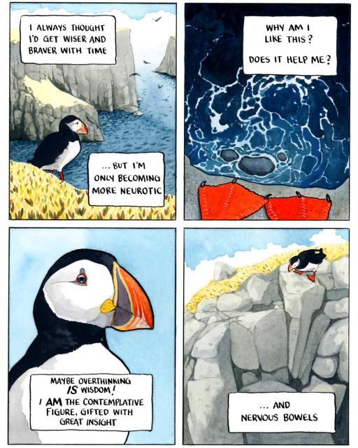 A puffin stands on the edge of a cliff overlooking the ocean. "I always thought I'd get wiser and braver with time... but I'm only becoming more neurotic". We see its perspective, looking down at the rough water below. "Why am I like this? Does it help me?" A close up of the puffin's face, looking momentarily cheerful. "Maybe overthinking IS wisdom! I AM the contemplative figure, gifted with great insight". They look down again "...and nervous bowels".