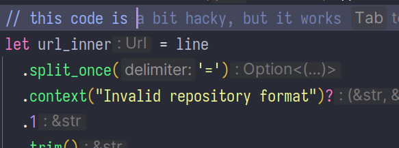 i wrote "this code is", the AI suggested "a bit hacky, but it works"