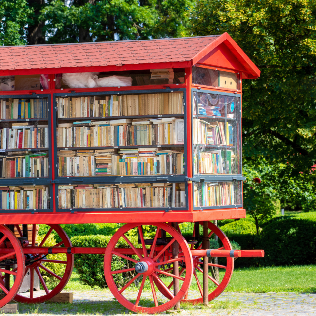 A photo of a red wooden cart with four wheels. It’s filled with many books. The cart is parked in a grassy area with trees in the background, under clear skies. 