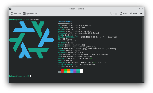 Screenshot of Fast Fetch loaded in the terminal, showing I am running NixOS