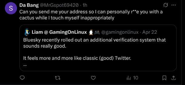 X/Twitter user quoted me to say "Can you send me your address so I can personally r**e you with a cactus while I touch myself inappropriately"