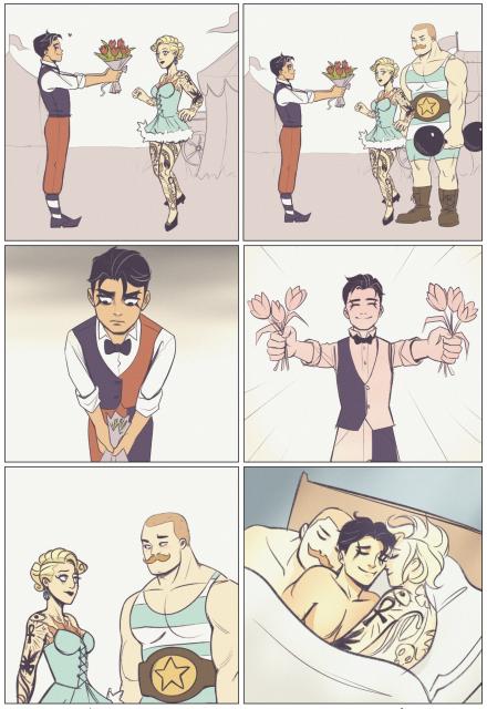 Jack in his circus juggler days hands flowers to a tattooed lady. A menacing strongman shows up giving him a disapproving look. Jack resigns, but in the next panel splits the bouquet in two and offers them both flowers. The couple exchange looks and in the last panel all 3 of them are sleeping together 