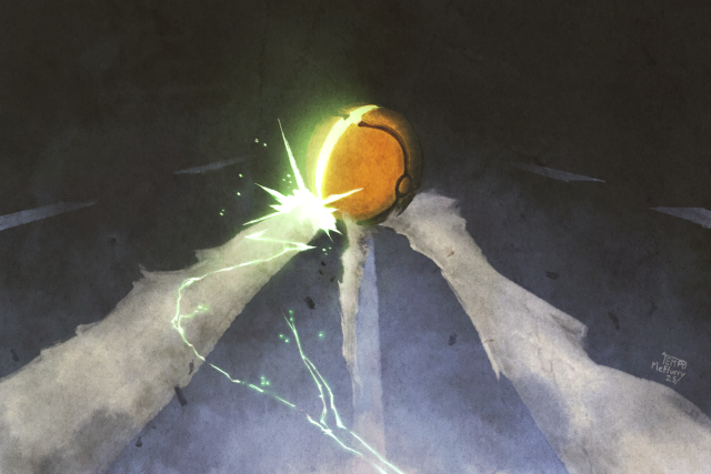 Painting of Samus Aran in her morph ball form doing the Akira slide from the anime Akira 