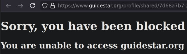 A message on the www.guidestar.org to Tor users:
"Sorry, you have been blocked
You are unable to access guidestar.org"