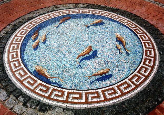Gary Drostle fish pond mosaic