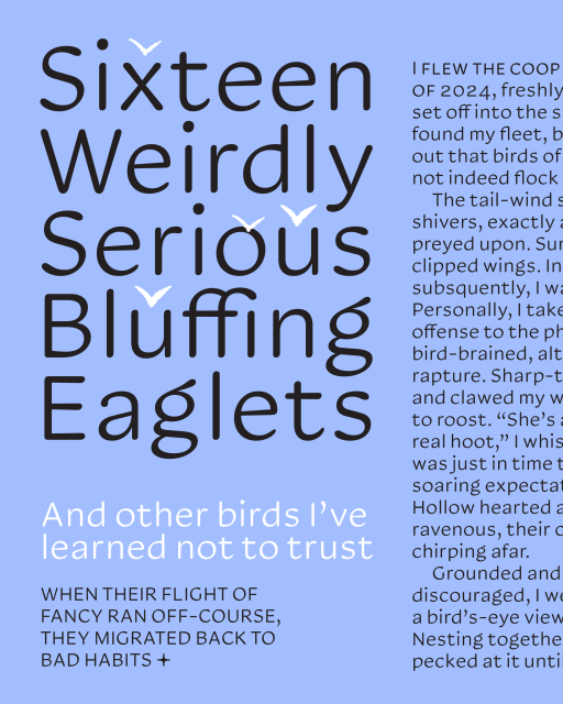 A teaser image for Soft Text. Black text on blue background reads: "Sixteen Weirdly Serious Bluffing Eaglets (and other birds I've learned not to trust)." Writing specimens is fun if you want it to be!