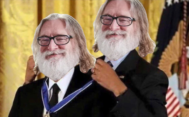 Gabe Newell giving Gabe Newell a medal meme, a joke about Half-Life 2 being the top game in November 2024