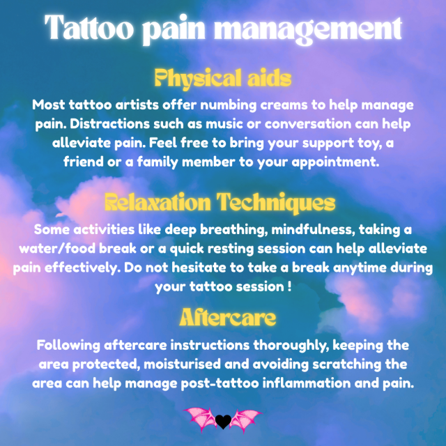 An infographic titled "Tattoo pain management" detailing how to manage tattoo pain through physical aids like numbing creams and distractions, relaxation techniques like deep breathing, and proper aftercare.