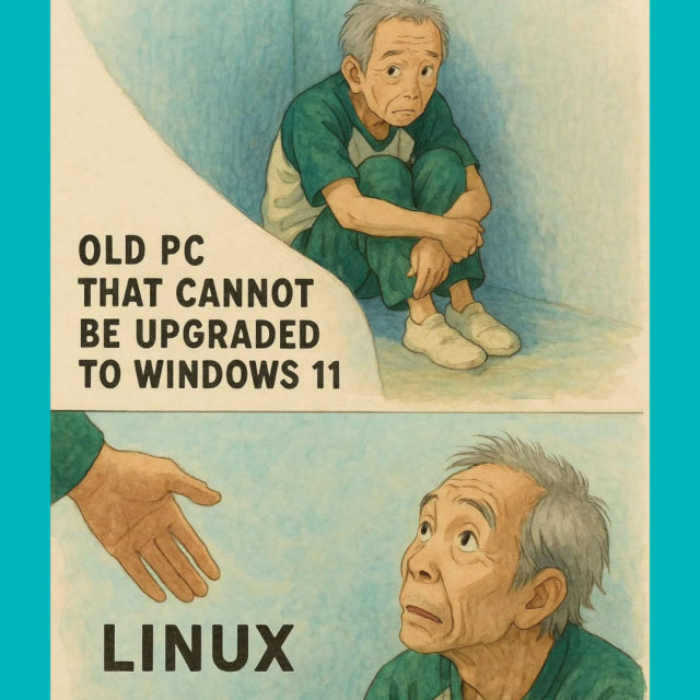 Old PC that cannot be upgraded to Windows 11:

Depicted as a man sitting in a corner, with a sad/hopeless expression on his face.

Linux:

Depicted as a hand reaching out to the man, with him looking hopeful/curious.