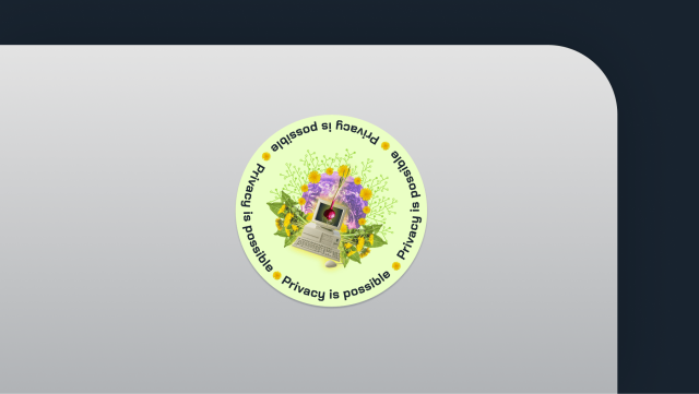 Sticker design that includes an onion in a vintage computer with earth in the background and surrounded by dandelions. Featured text- privacy is possible.