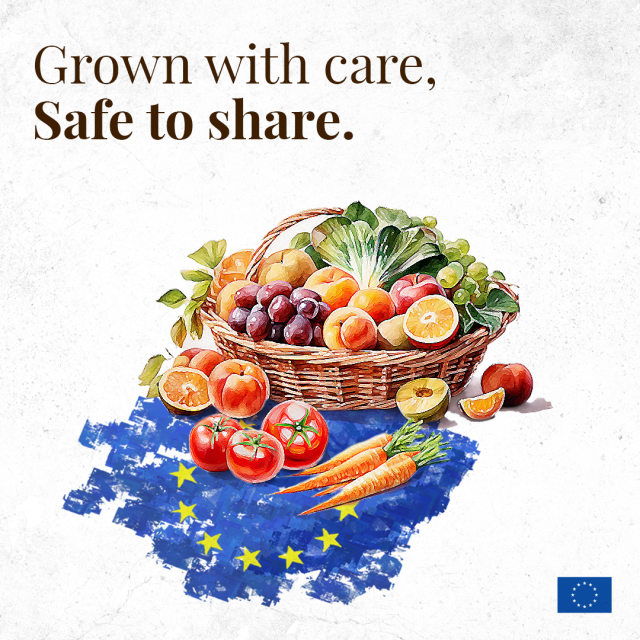 Illustration of a basket filled with various fruits and vegetables, including grapes, oranges, tomatoes, carrots, and leafy greens, placed above a painted European Union flag. The text reads: 'Grown with care, Safe to share.' A small EU emblem appears in the bottom right corner. 