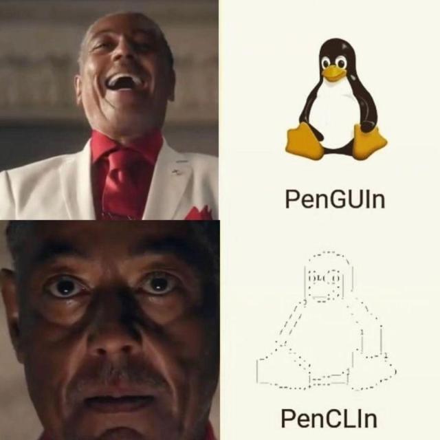 In the first section, a man is seeing laughing at a colored picture of Tux, labelled as "PenGUIn".

In the next section, the same man is seen angry as heck, looking at an ASCII text picture of Tux, labelled as "PenCLIn".