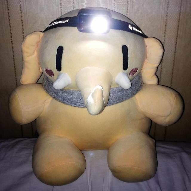 Plushtodon with headlamp and scarf.