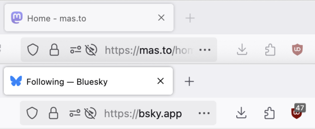 Two browser tabs open. One has Mastodon open, and uBlock Origin doesn't report blocking anything. In the other, Bluesky is open, and uBlock Origin is reporting 47 things blocked.