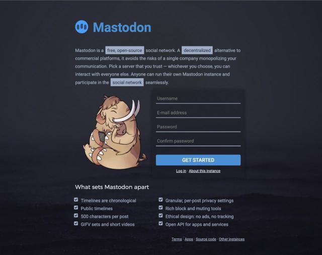 The Mastodon.social homepage, June 2017