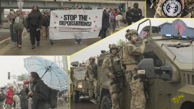 stop the deportations banner with crowd; speaker w megaphone and umbrella; special response team nordic patch design; FBI agents on side of truck in camo
