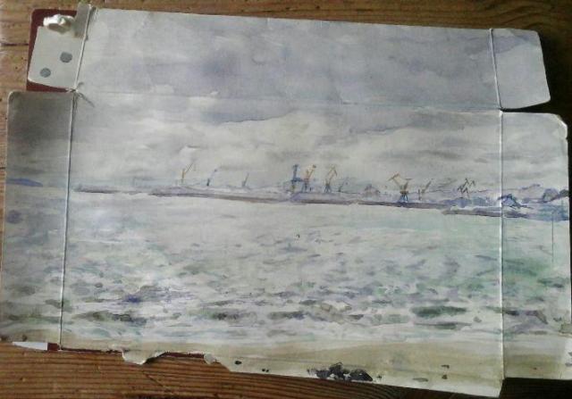 Watercolor by TomTom painted on the back of a cereal box.