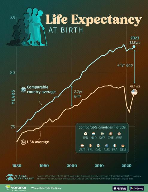 Chart: Lie Expectancy at Birth

shows comparable country average against USA average in period 1980 to 2023; the USA has lagged for the entire period with the gap growing from around a year lower in 1989, to over two years in 2000 & now over 4 years difference - 82.5 years against 78.4 years in the USA

full details are at:
https://www.visualcapitalist.com/charted-how-american-life-expectancy-compares-to-its-peers/