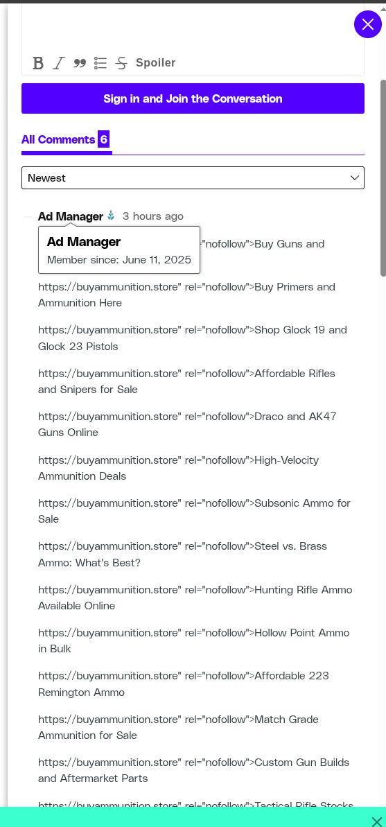 A public comment on The Verge, with lots of unparsed (not clickable) spam links for buying guns and ammo.