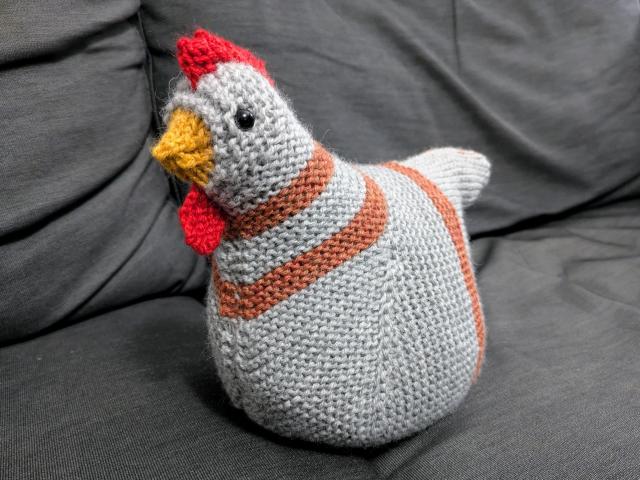 A knitted Emotional Support Chicken.