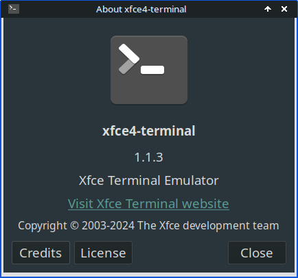 screenshot of the about section of the xfce4-terminal emulator