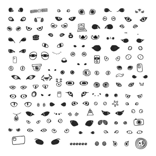 All hundred sets of optical apparatus from the final artwork: a black and white drawing of eyes, oculi, cells, cameras, from various species and devices.