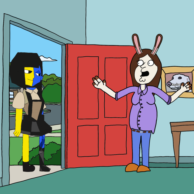poorly drawn lynne bun depicted in family guy's art style. she's standing in the family guy living room. the front door is open, and a traced drawing of ena is here. ena's face has been modified to be more "family guyesque": she has an underbite and the famous bored with eyes half closed expression. the background painting that's normally in the room has been replaced with a traced meme: homophobic dog captioned with "okay froot loops".