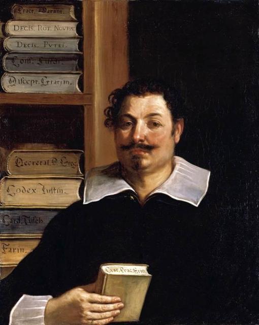 Portrait of Francesco Righetti, showing books stacked flat behind him each with its title written on the bottom edge. 