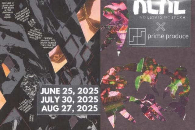 A paper based collage poster predominately black in colour with some peach and pink highlights. 3 dates are prominent: June 25, July 30, and Aug 27 2025. 