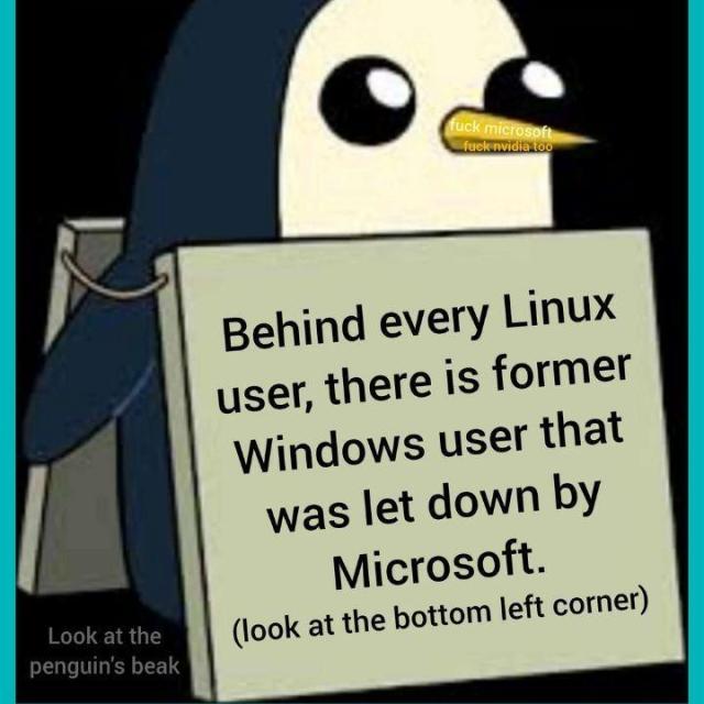 There is a Penguin with a board on it that says, "Behind every Linux user, there is a former Windows user that was let down by Microsoft. (look at the bottom left corner).

In the bottom left corner, this is written, "Look at the Penguin's beak".

On the beak, this is written, "Fuck Microsoft, Fuck NVIDIA Too".