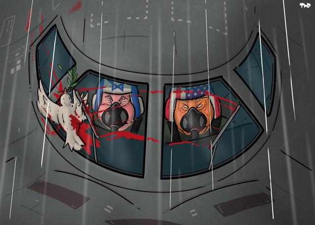 Cartoon showing Netanyahu and Trump as pilots of a B2 bomber. The dove of peace has collided with the windshield and wipers are wiping the crushed dove and the blood away while the bomber speeds on.