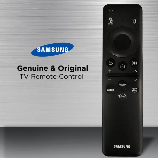 samsung TV remote. you get back, home, pause, settings, voice input, volume up/down, channel up/down. then you have samsung tv plus, netflix, disney+, and prime video.