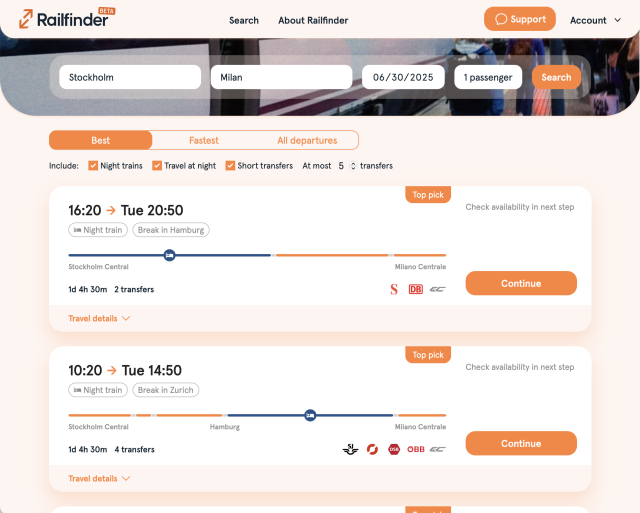 Screenshot of Railfinder showing journey results for a trip from Stockholm to Milan. First result starts with a night train from Stockholm at 16:20 and connects with two day trains the following day to reach Milan at 16:20. Second result starts from Stockholm at 10:20 with three day connections to reach a night train in Hamburg, with a final connection the next day to reach Milan at 14:50.