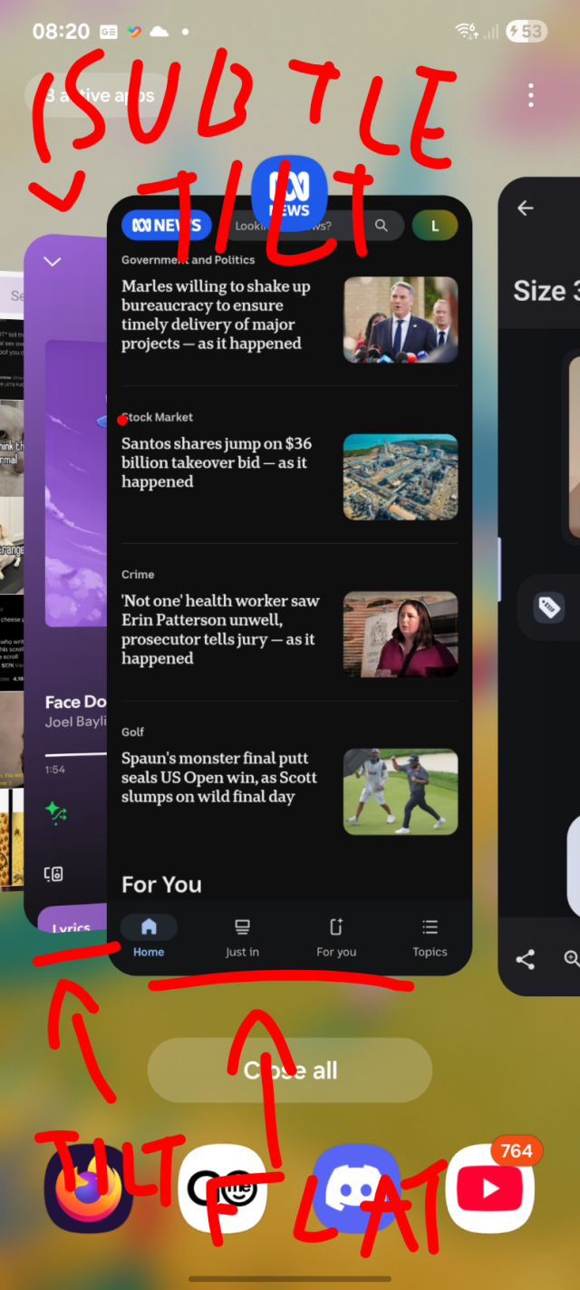 screenshot showing the subtle tilt effect on the app cards in the overview. i've drawn helpful lines to highlight it. the app card to the left is tilted "away" from the viewer in a way similar to 2D sprite billboarding