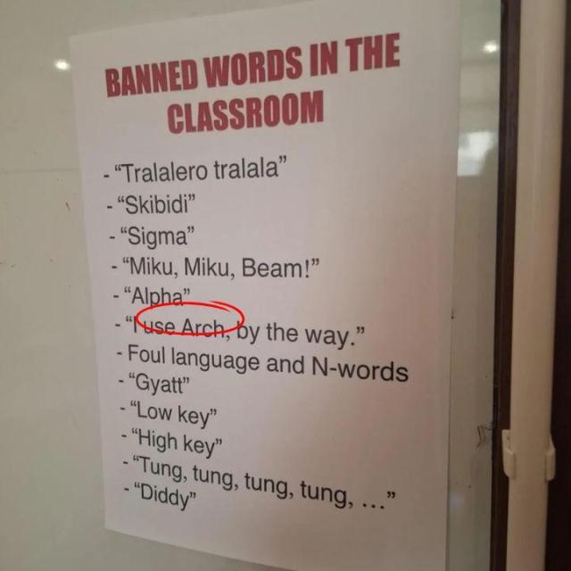 There is a notice in a classroom titled "Banned Words in the Classroom" with the following words:

- Tralalero tralala
- Skibidi
- Miku, Miku, Beam!
- Alpha
- I use Arch, by the way.
- Foul language and N-words
- Gyatt
- Low key
- High key
- Tung, tung, tung, tung, sahur....
- Diddy