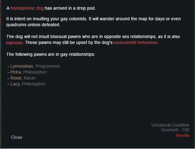 rimworld alert letter dialogue. the message reads:

A homophobic dog has arrived in a drop pod.
It is intent on insulting your gay colonists. It will wander around the map for days or even quadrums unless defeated.
The dog will not insult bisexual pawns who are in opposite sex relationships, as it is also biphobic. These pawns may still be upset by the dog's exclusions! behaviour.

The following pawns are in gay relationships:
- Lynnesbian, Programmer
- Petra, Philosopher
- Roxie, Racer
- Lucy, Philosopher

Unnatural Coalition
Goodwil -100
Hostile
