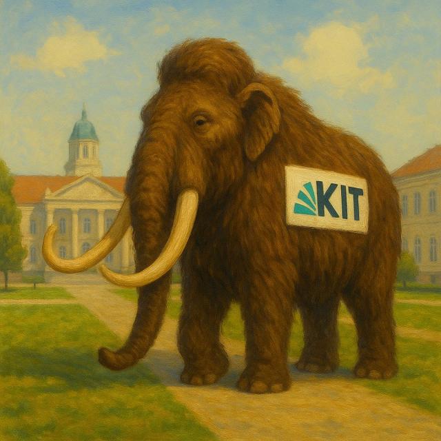 KI-generiertes Bild eines Mastodons mit KIT-Logo auf einem Uni-Campus