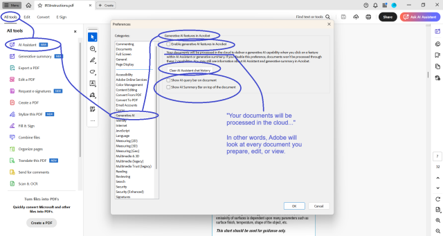 Screenshot of Adobe settings under “All Tools” and “AI Assistant.”