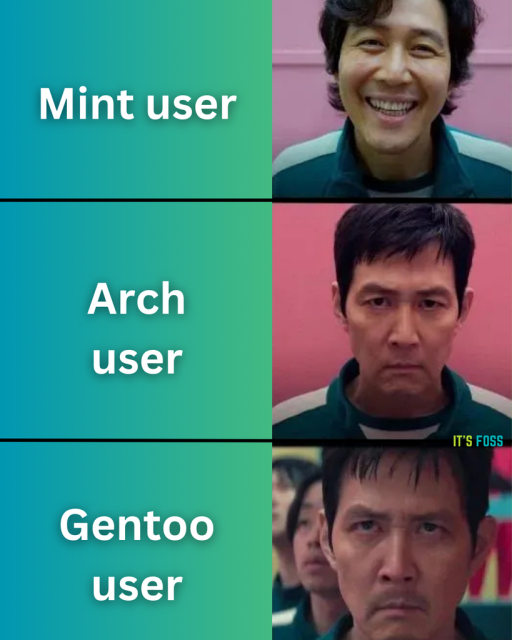 Mint user - Picture of a happy man.

Arch user - Picture of a slightly serious man.

Gentoo user - Picture of a man who has seen things, and is visibly dead inside.

