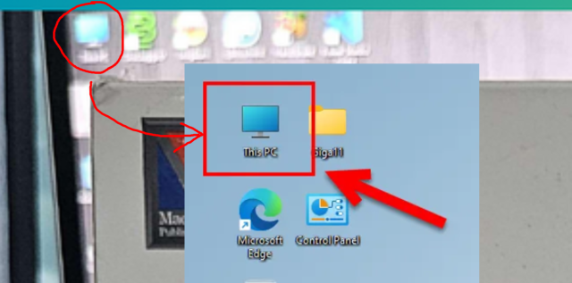 A "This PC" icon from Windows 11, on the monitor in the background of the image.
