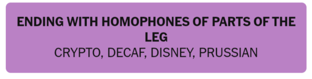 screenshot of the new York Times connections solution for the purple words:

theme: ending with homophones for parts of the leg

words: crypto, decaf, disney, Prussian