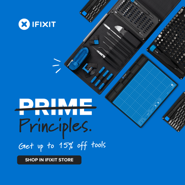 iFixit ad showing several iFixit products, such as a Pro Tech toolkit, FixMat, and driver kits, over a blue background. Next to the tools is the text "PRIME" crossed out and "Principles. Get up to 15% off tools" handwritten beneath it. Under that it says "Shop in iFixit store" in all caps with a black text box. The iFixit logo is also present towards the top of the image.