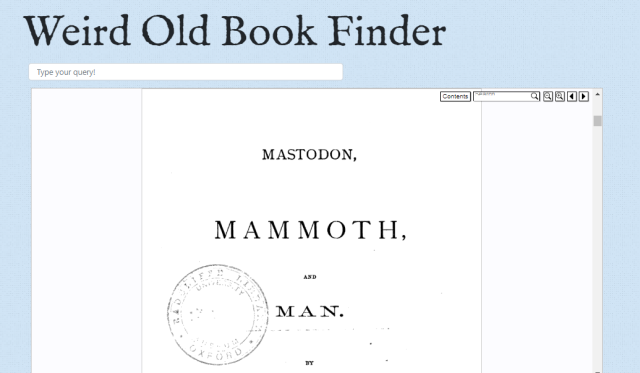 A screenshot of the Weird Old Book Finder, showing the book returned for the search "mastodon" -- the book is "Mastodon, Mammoth, and Man"